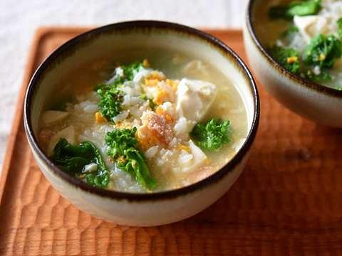 菜の花と絹ごし豆腐のたらこ雑炊