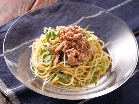 ツナと水菜の昆布ぽん酢マヨパスタ